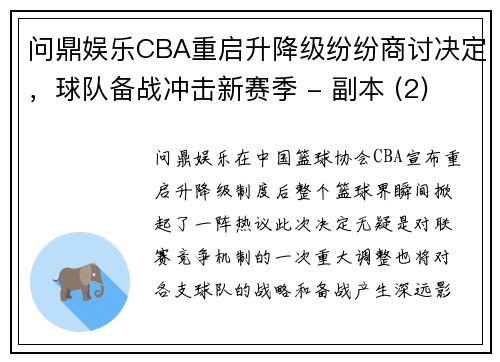 问鼎娱乐CBA重启升降级纷纷商讨决定，球队备战冲击新赛季 - 副本 (2)